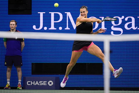 US Open Tennis Semifinal 2024: Aryna Sabalenka returns a shot to Emma Navarro
